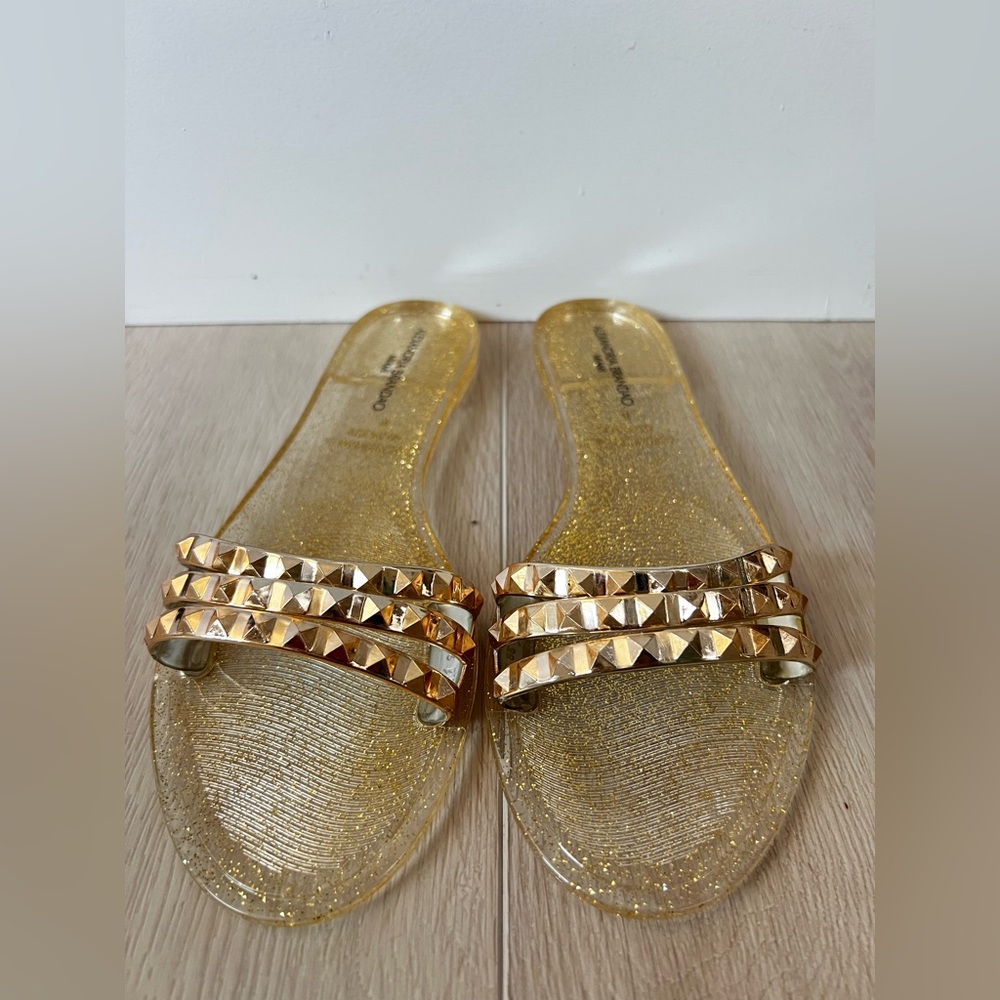 Alexandria Brandao Aria B light gold flat slide sandals
